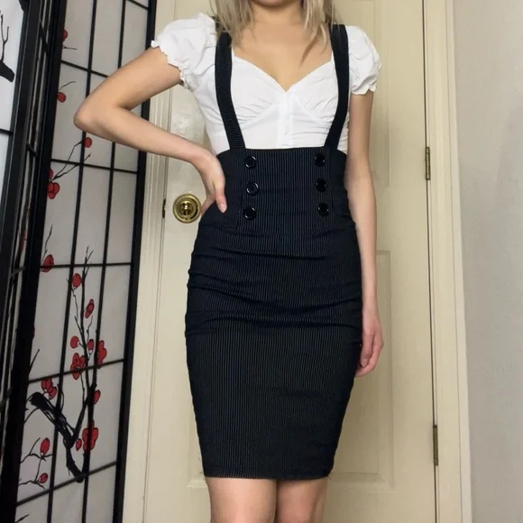 Solar USA | Dark Navy Blue Pinstripe Pinafore Bodycon Pencil Skirt Dress - Picture 2 of 6